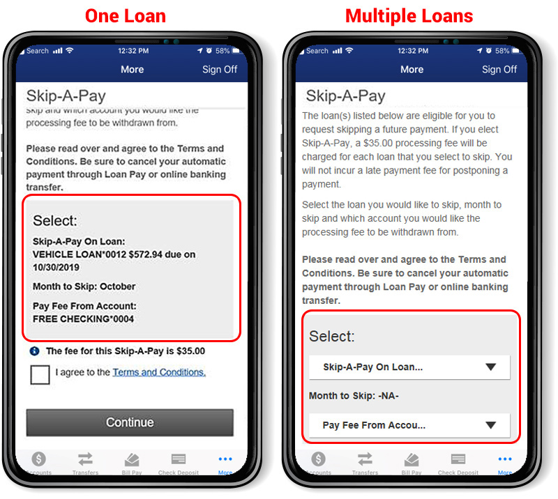 Screenshot of Mobile App showing Skip-A-Pay widget