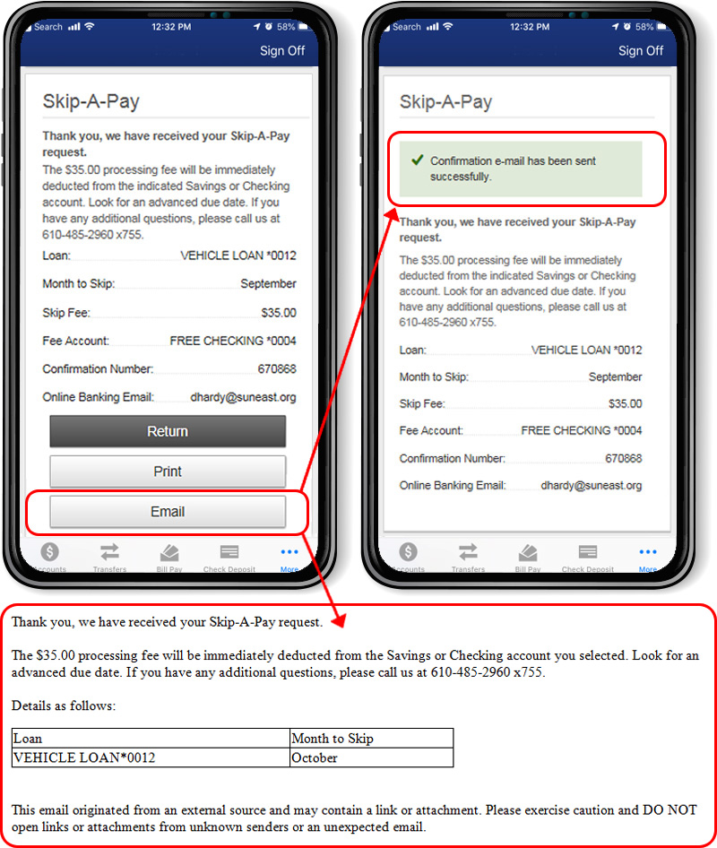 Skip-A-Pay Widget and example of Skipped Payment email
