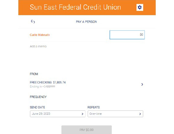 Screenshot of Pay-A-Person location in Online Banking