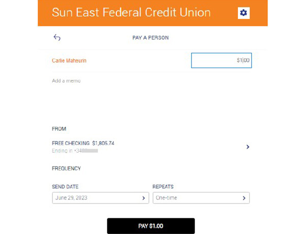 Screenshot of Pay-A-Person location in Online Banking