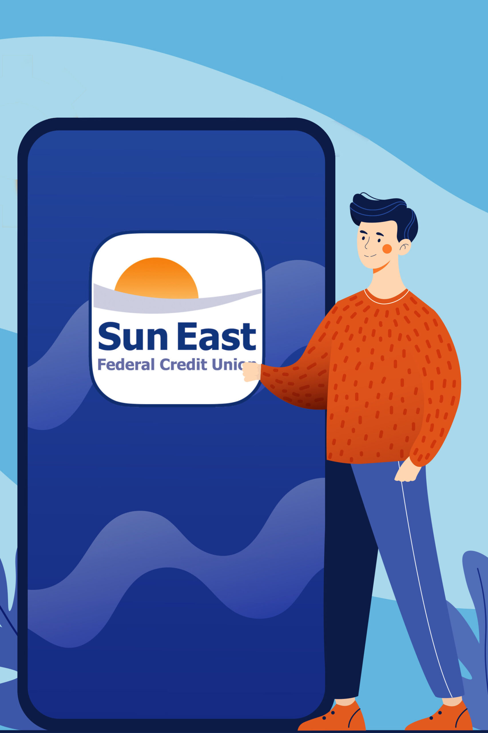 Man with cell phone and Sun East logo