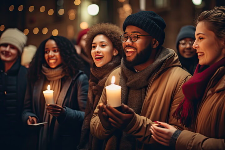 group of people in darker setting holding candles - coats