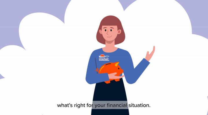 woman waving while holding a piggy bank