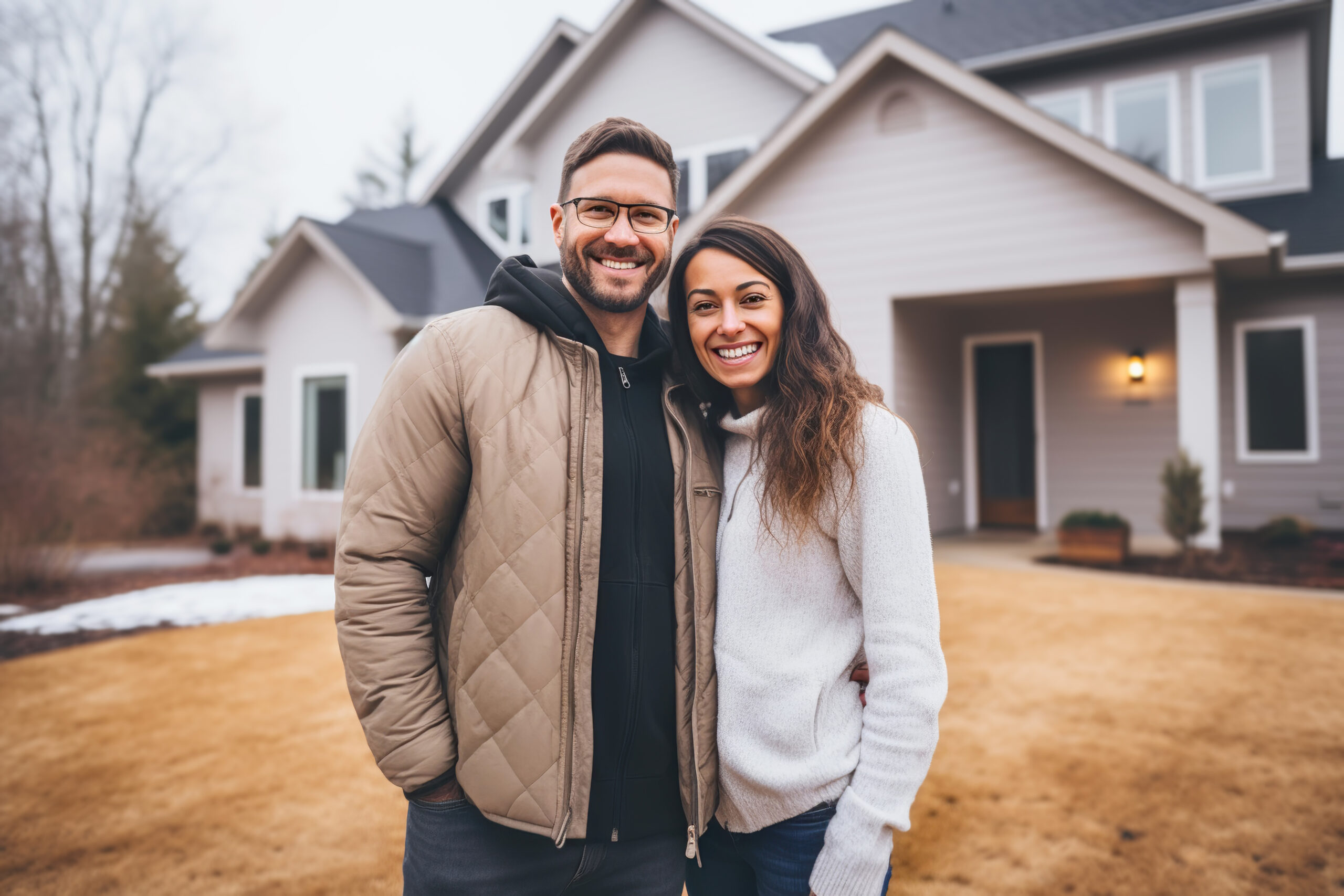 man and woman in front of new home with blue overlay over picture
