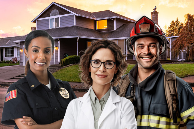 medic, veterinarian, fire fighter in front of a house