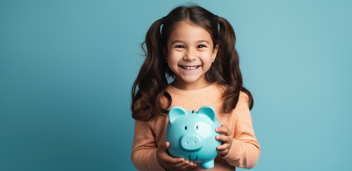 little girl holding a blue piggy bank