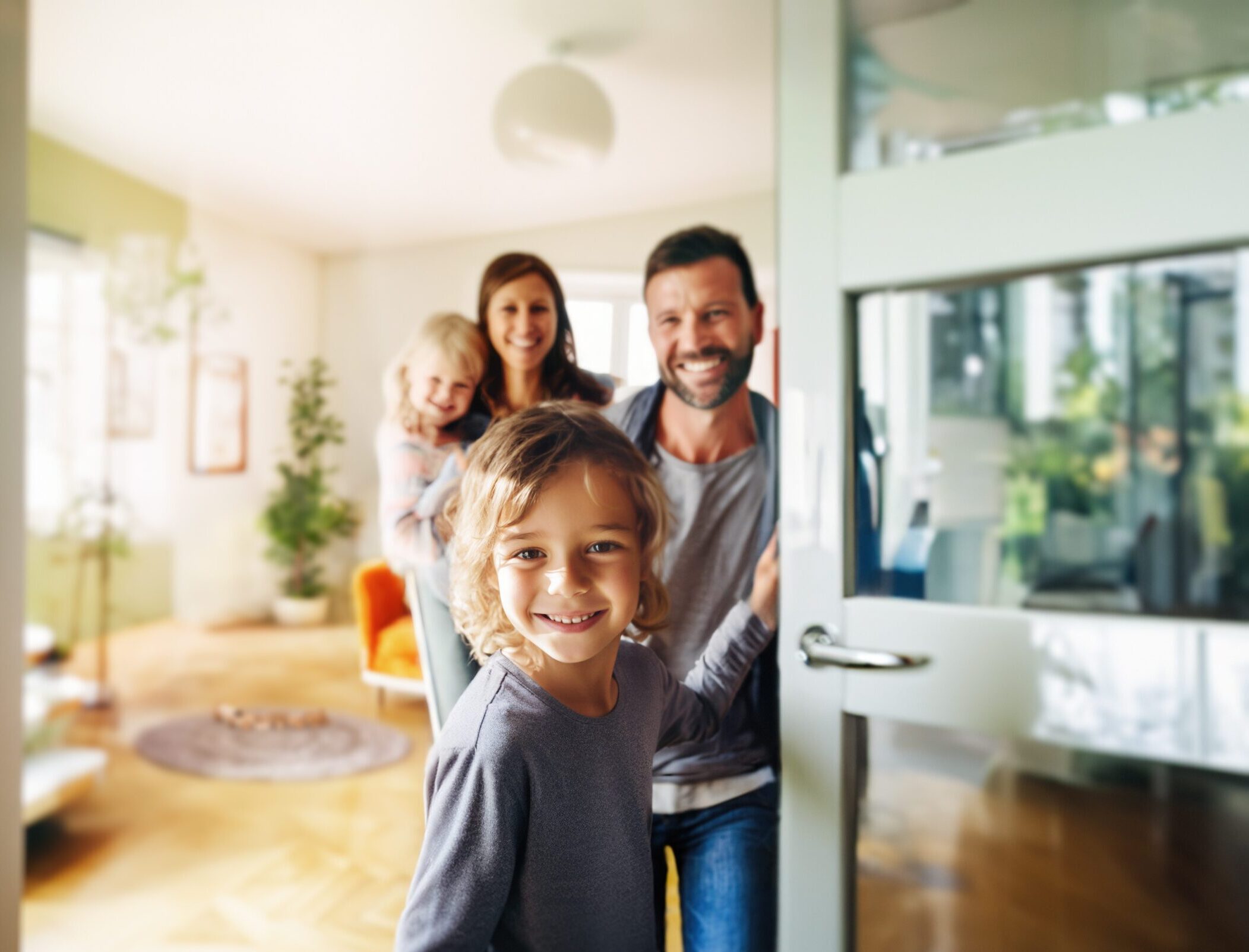 Family holding door open, looking out from inside